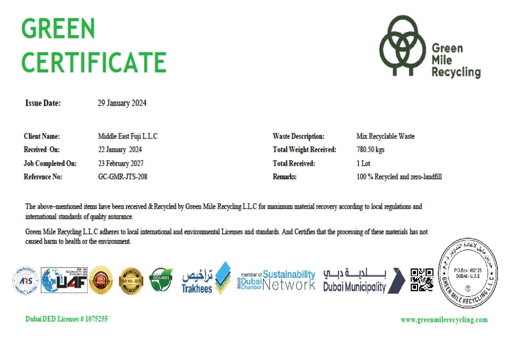 Green Mile Recycling Green Certificate
