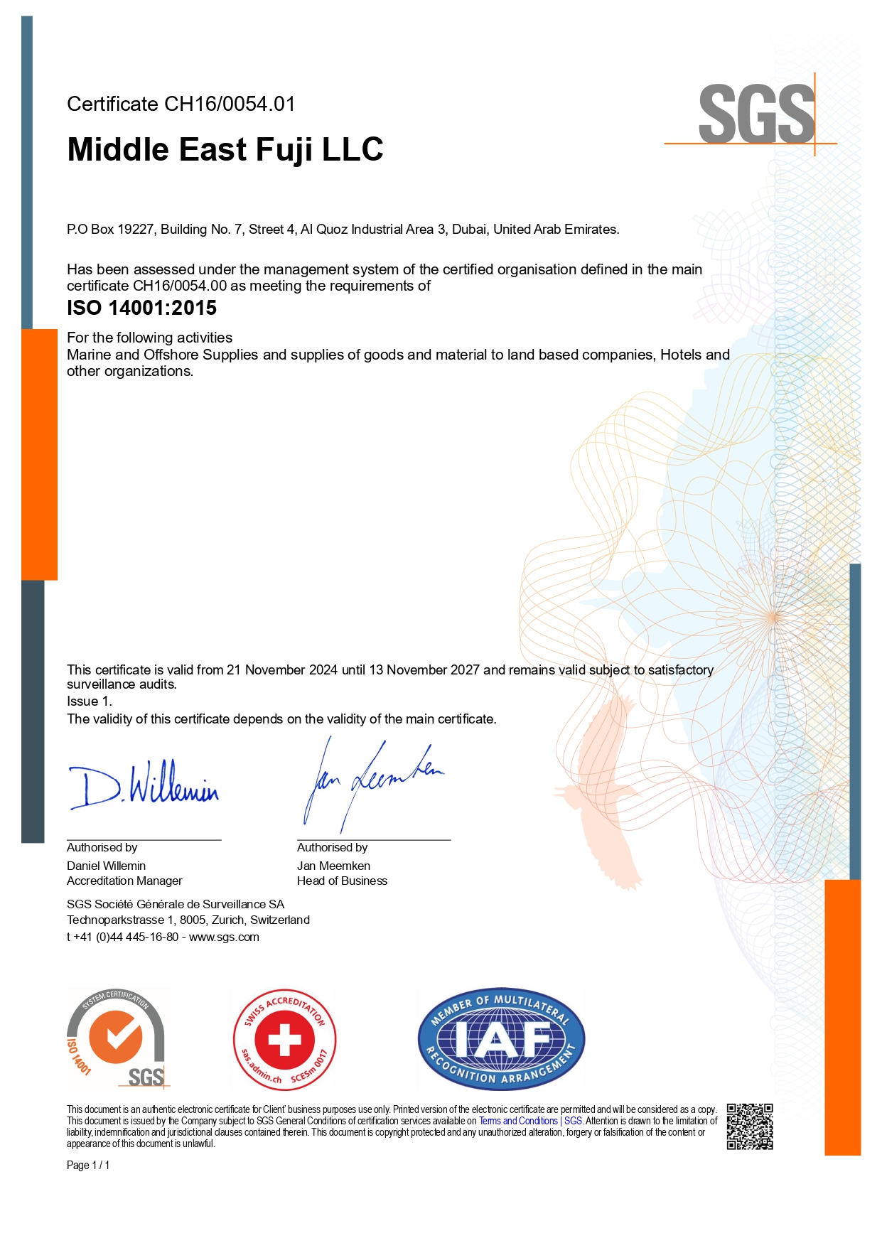 ISO 14001:2015 Certificate