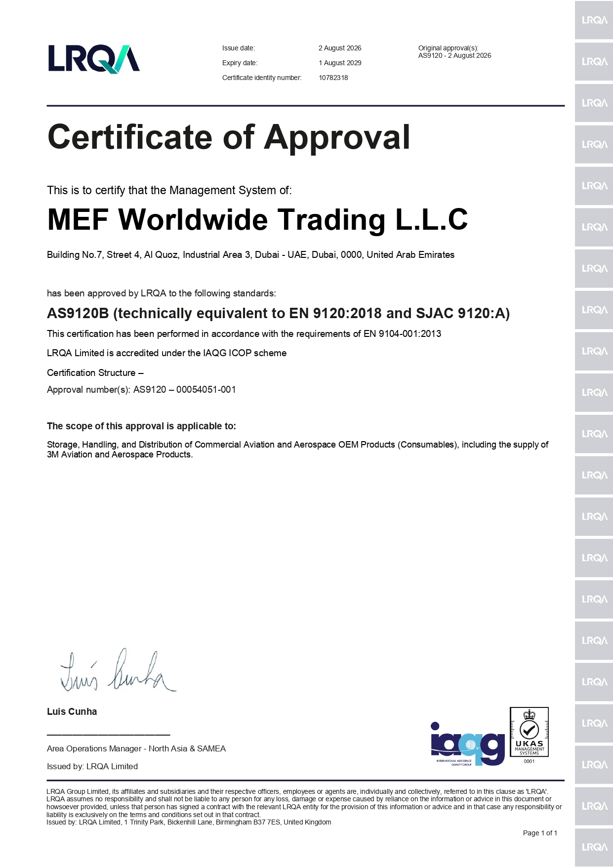 AS 9120 Rev B certificate 