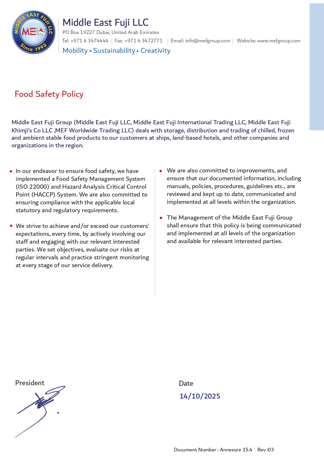 Food Safety Policy